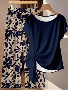 SHEIN Clasi Conjunto feminino de duas peças: blusa azul marinho com laço e calça reta. - Multicolorido - Ver 6