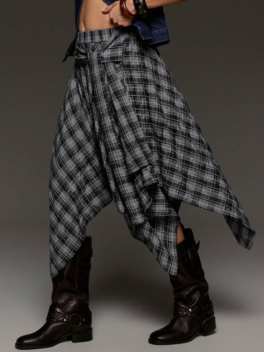 BAD SUNDAY Four Seasons Women's Plaid Lace-Up Mid-Length Skirt, Versatile Retro Y2K Millennium Style For Outings - Blue - View 1