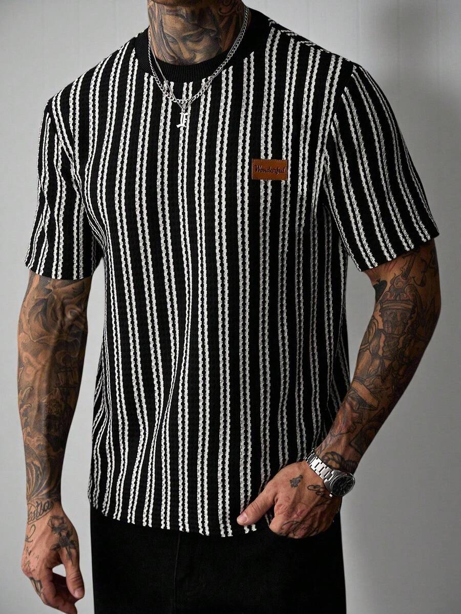 EGENSIO Kaos Lengan Pendek Denim Patchwork Bergaris Pria Kasual Serbaguna untuk Perjalanan Sehari-hari - Hitam - View 1