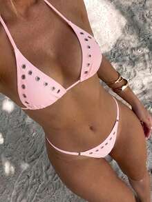 Swim SXY Springbreak 女款夏季鉚釘性感派對音樂節休閒極簡度假海灘鏤空繫帶掛脖比基尼泳衣套裝 2件組，適合度假海灘出遊 - 粉色 - 查看 1