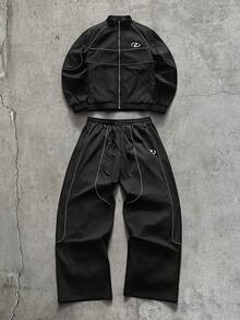 AXEPEAK 男士幾何圖案長袖拉鍊夾克與長褲休閒套裝 - 黑色 - 查看 3