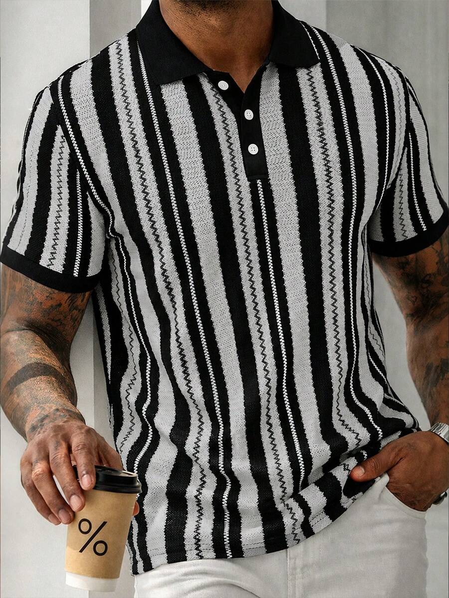 Manfinity CasualCool 男士休閒商務條紋設計 Polo 衫上衣,適合日常通勤穿著,休閒百搭 - 彩色 - 查看 1