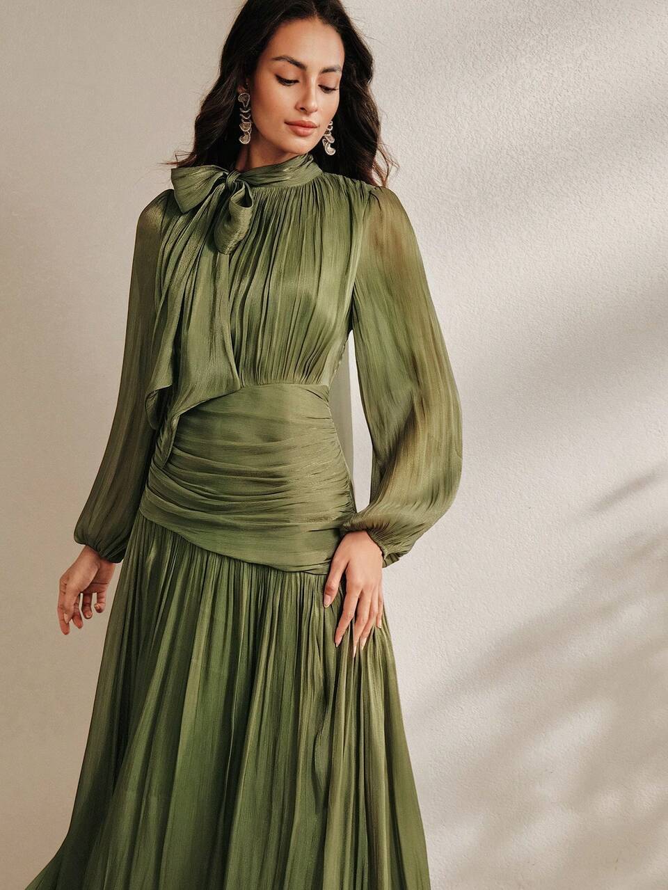 Anewsta Elegant Fashionable Small Stand Collar Large Bow Waist Gathered Long Sleeve Army Green Women's Long Dress