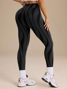 SHEIN Sports 女款黑色斑馬紋戶外健身瑜珈跑步運動緊身褲 - 黑色 - 查看 4
