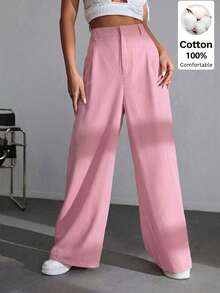 SHEIN EZwear 休閒百搭 100% 純棉粉色高腰寬腿褲，適合校園穿搭、全方位休閒穿著、派對與音樂節穿著、畢業季、開學季、度假季、都市上班穿著 - 粉色 - 查看 5
