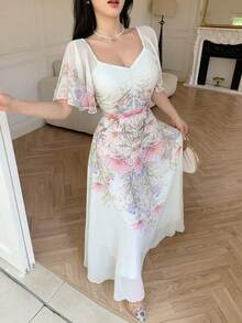Modelyn 女款雪紡拼接印花蝙蝠袖短袖抓皺夏季甜美洋裝 - 彩色 - 查看 3
