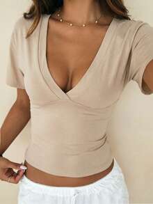 INAWLY Solva Women's Summer Sexy Casual Solid Color Deep V-Neck T-Shirt Club Going Out Night Out Khaki - Beige - View 1