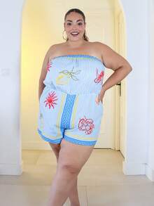 Pretty and Ole Plus Size Women Summer Casual Loose Halter Wide Leg Striped Print Jumpsuit For Beach & Vacation - Blue and White - View 3