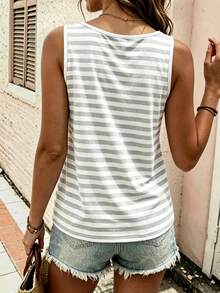 EMERY ROSE Plus Size Women's Comfortable Color Block Striped Pattern Round Neck Button Top, Round Neck Comfortable Camisole, Suitable For Daily Casual Wear - Multicolor - View 2