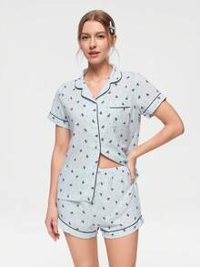Bonmuse Conjunto de Pijama com Estampa de Laço, Manga Curta e Shorts para Mulheres - Azul bebê - Visão 1