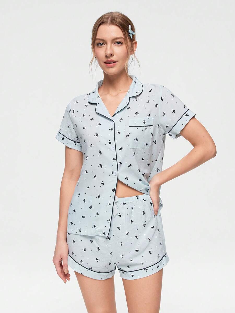 Bonmuse Conjunto de Pijama com Estampa de Laço, Manga Curta e Shorts para Mulheres - Azul bebê - Visão 1