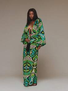 MUSERA Vestido Maxi de Gasa Estampado Verde con Escote Profundo Extremo, Talla Grande y Flecos, para Verano, Vacaciones, Ibiza y Festival - Multicolor - Ver 3