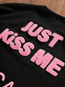 TOKVUE 街頭休閒風紅色標語 3D 刺繡白色寬鬆背心 - 黑色 - 查看 2