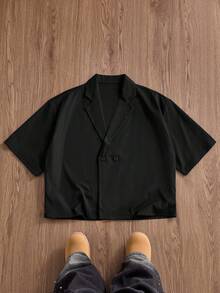 ESTAVOR 男士純色休閒百搭短袖襯衫，適合日常穿著 - 黑色 - 查看 3