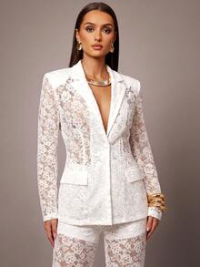 Silquee Elegant Solid Color Lace Blazer - White - View 1