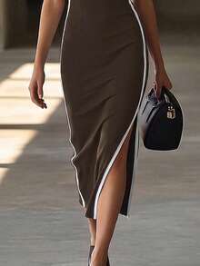 Balvessa Women's Long Ribbed Fabric Sleeveless Simple Solid Color Front Center Metal Zipper Side Color Block Ribbon Left Side Slit Dress For Athletic Casual - Coffee Brown - View 4