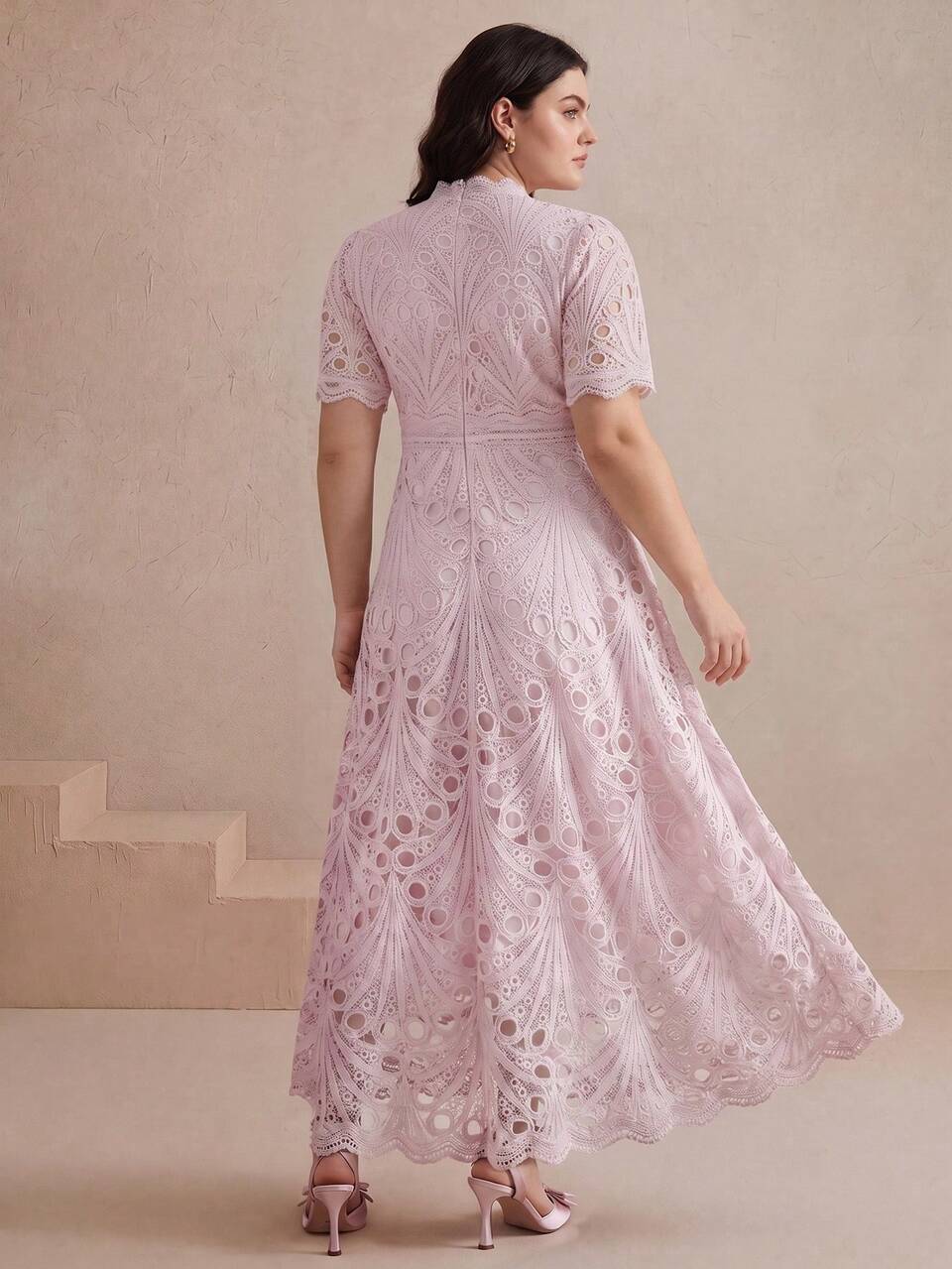 Women's Spring/Summer Elegant Vacation Date New Palace Style Vintage Hollow Lace Fairy Pink Plus Size Short Sleeve Midi Dress