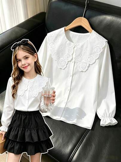 Girls' Elegant Embroidered Lace Petal Collar Princess Long Sleeve Button-Down Single-Breasted Casual Fashion Blouse, Suitable For School, Vacation, Travel, Birthday Party, Gift, Spring/Autumn