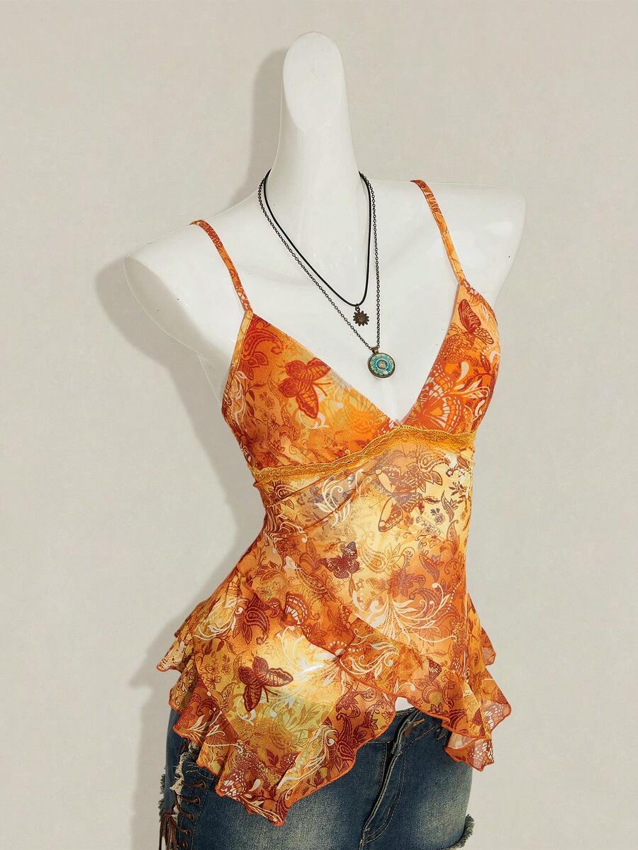 SHEIN ICON Débardeur à bretelles volanté imprimé floral de noix de cajou pour femmes, tenue de vacances pour femmes, tenue mignonne d'été pour le 4 juillet - Orange - Voir 1