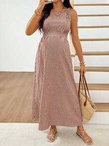 SHEIN 孕婦格紋肩結休閒無袖洋裝 - 彩色 - 查看 7