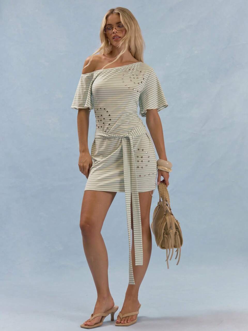 Green Striped Stud Detail Asymmetric Neck Mini Dress