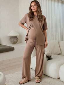 Slowluna Maternity Solid Color Round Neck Nursing Top And Adjustable Waist Long Pants Casual Daily 2 Pieces Set Loungewear Pajama Nightgown Robe  - Khaki - View 2