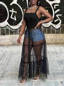 BamGleam Atasan Denim Patchwork Jala Kancing Streetwear Seksi Wanita - Hitam - View 5
