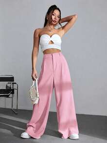 SHEIN EZwear 休閒百搭 100% 純棉粉色高腰寬腿褲，適合校園穿搭、全方位休閒穿著、派對與音樂節穿著、畢業季、開學季、度假季、都市上班穿著 - 粉色 - 查看 7
