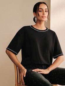 Anewsta Women's Elegant Casual Rhinestone Embellished T-Shirt, Suitable For Daily Commute Night Out Black Summer - Black - View 6