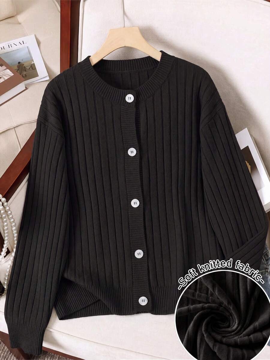 SHEIN 女款秋冬新款柔軟羅紋針織紋理休閒百搭大尺碼開襟衫 - 黑色 - 查看 1
