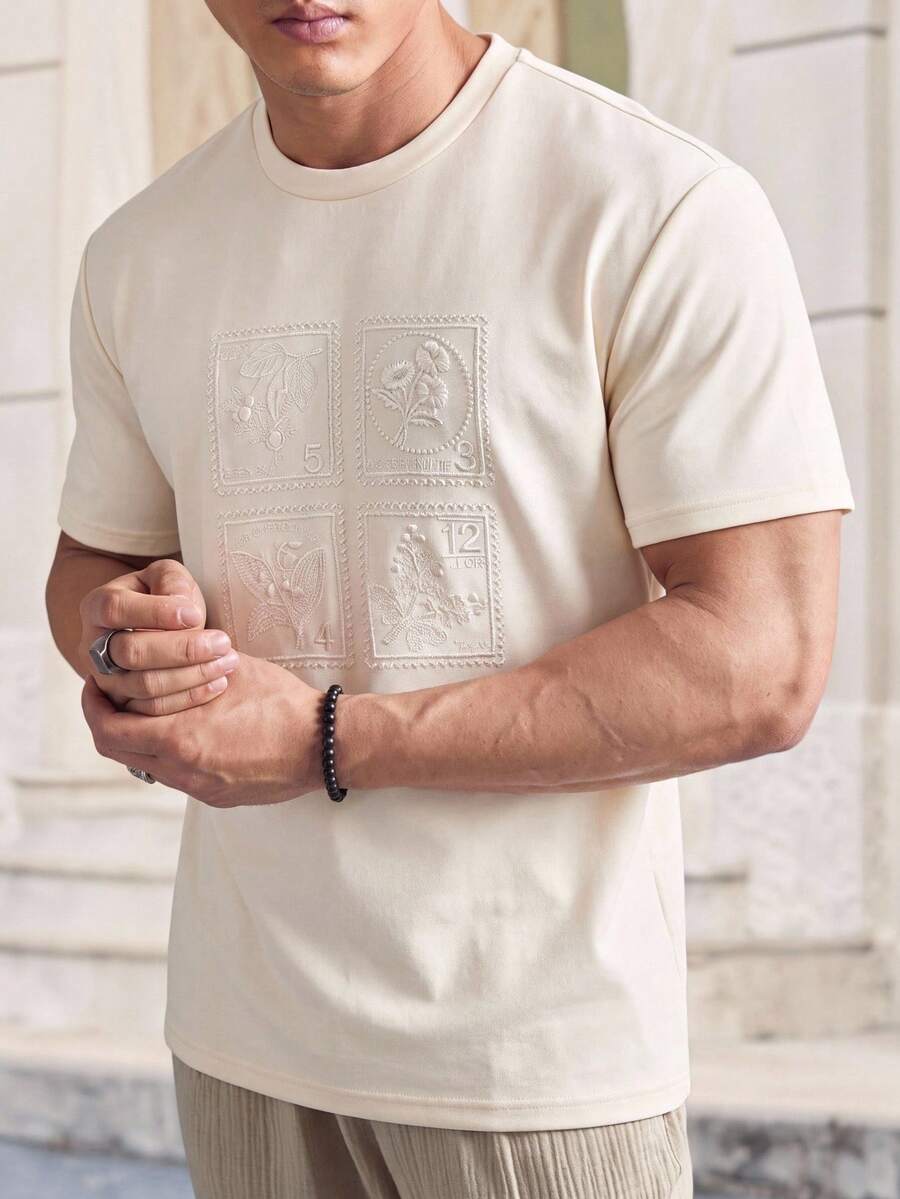 AKNOTIC Men's 3D Floral Embroidered Crew Neck Short Sleeve Fashion Versatile T-Shirt - Apricot - View 1