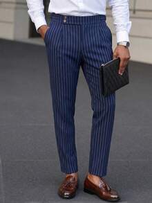 Manfinity Mode Men's Plus Size Button Pocket Striped Dress Pants, Formal, Old Money - Navy Blue - View 7