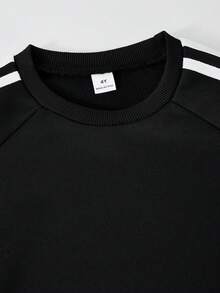 SHEIN Explorewe 女童秋季休閒衛衣套裝 2件組，對比側條紋蝴蝶結裝飾長袖套頭衫搭配鬆緊腰寬腿運動長褲 - 黑色 - 查看 4