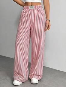SHEIN PETITE 女款條紋休閒百搭日常旅行寬腿長褲，小個女款度假紅白條紋秋季 - 紅色 - 查看 5