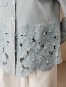 Anewsta 女款新款重工刺繡鏤空串珠休閒度假風藍色襯衫牛仔褲 - 藍色 - 查看 6
