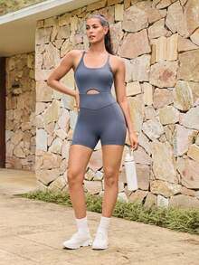 OutZeal 女款運動連身褲 健身運動瑜伽 吸濕排汗 內建胸罩 後背鏤空打結 素色連身衣 - 霧霾藍 - 查看 6