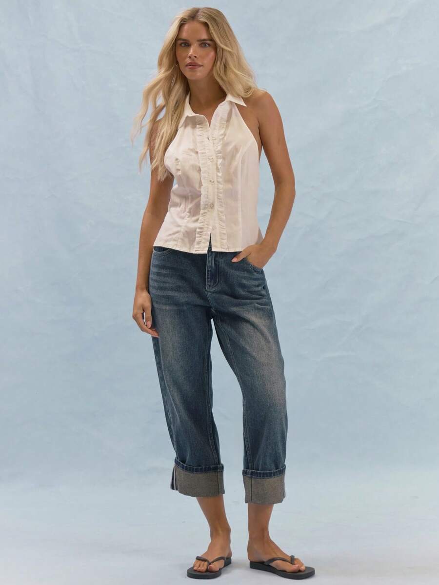 MUSERA Mid Rise Straight Leg Jeans With Folded Cuff Detail Summer Casual Everyday Girly Y2K Soft Social - Dark Wash - View 1