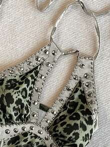 IslaSuriya Summer Vintage Leopard Print Halter Neck Top For Women, Rhinestone & Metal Rivet Decor - Army Green - View 4