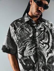 ROMWE MEN Street Life Men's Turn-Down Collar Tiger Print Digital Shirt - Black - View 2