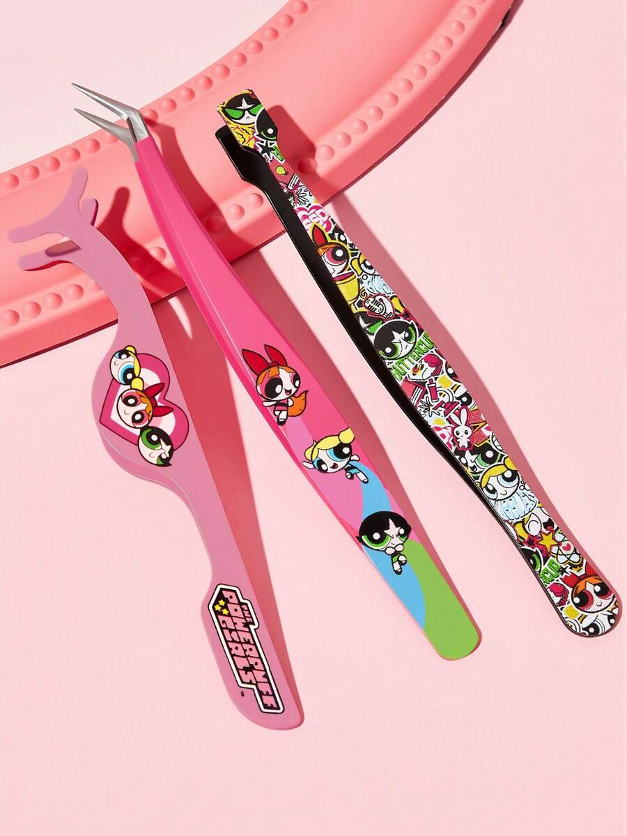 THE POWERPUFF GIRLS X SHEIN 3件組多功能高精度不鏽鋼眉毛鑷子,可愛實用的美妝美容工具組,居家必需品,斜尖頭與尖頭鼻夾,包含睫毛鑷與拔毛鑷,可用於清除臉部毛髮、內生毛與刺屑,亦適用於假睫毛嫁接工具,適合戶外探險 - 彩色 - 查看 1