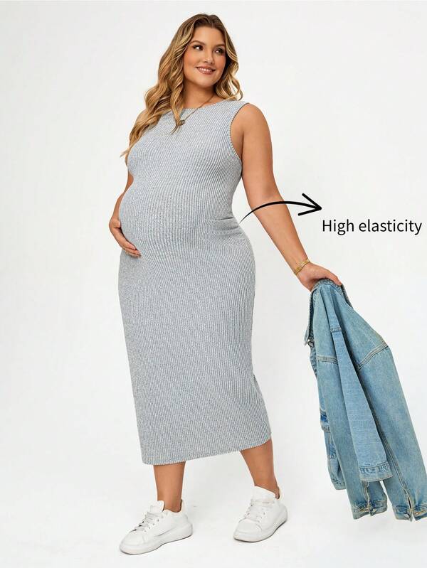 Plussiva Vestido de tirantes ajustado de cuello redondo de color liso para maternidad de talla grande