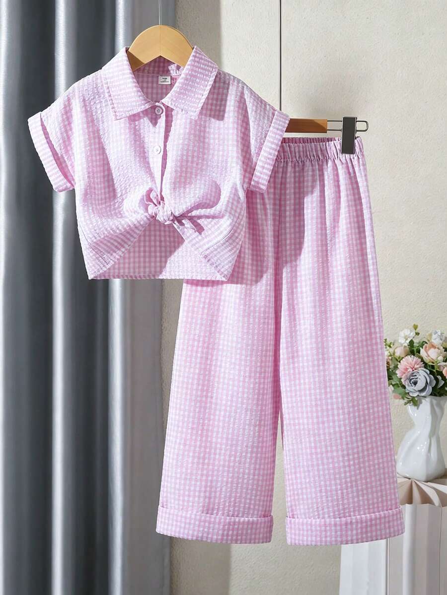 SHEIN Elladie kids 女童小格紋翻領鈕扣休閒襯衫與直筒長褲2件組,適合日常休閒出遊與上學 - 粉色 - 查看 1