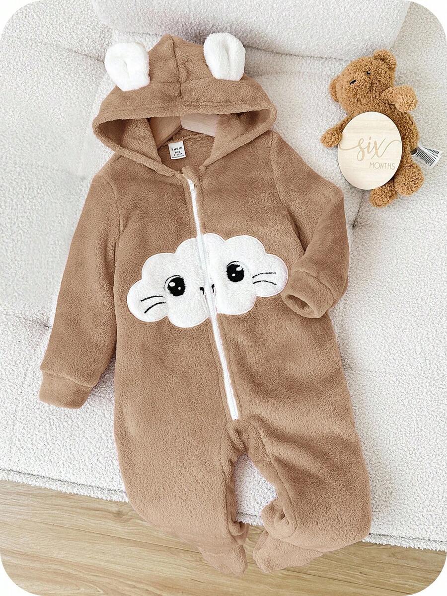 SHEIN Baby Girl Cute Cartoon Cloud Pattern Applique Embroidery Hooded Zipper Front Flannel Romper, Suitable For Autumn And Winter - Camel - View 1