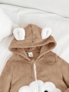 SHEIN Baby Girl Cute Cartoon Cloud Pattern Applique Embroidery Hooded Zipper Front Flannel Romper, Suitable For Autumn And Winter - Camel - View 3