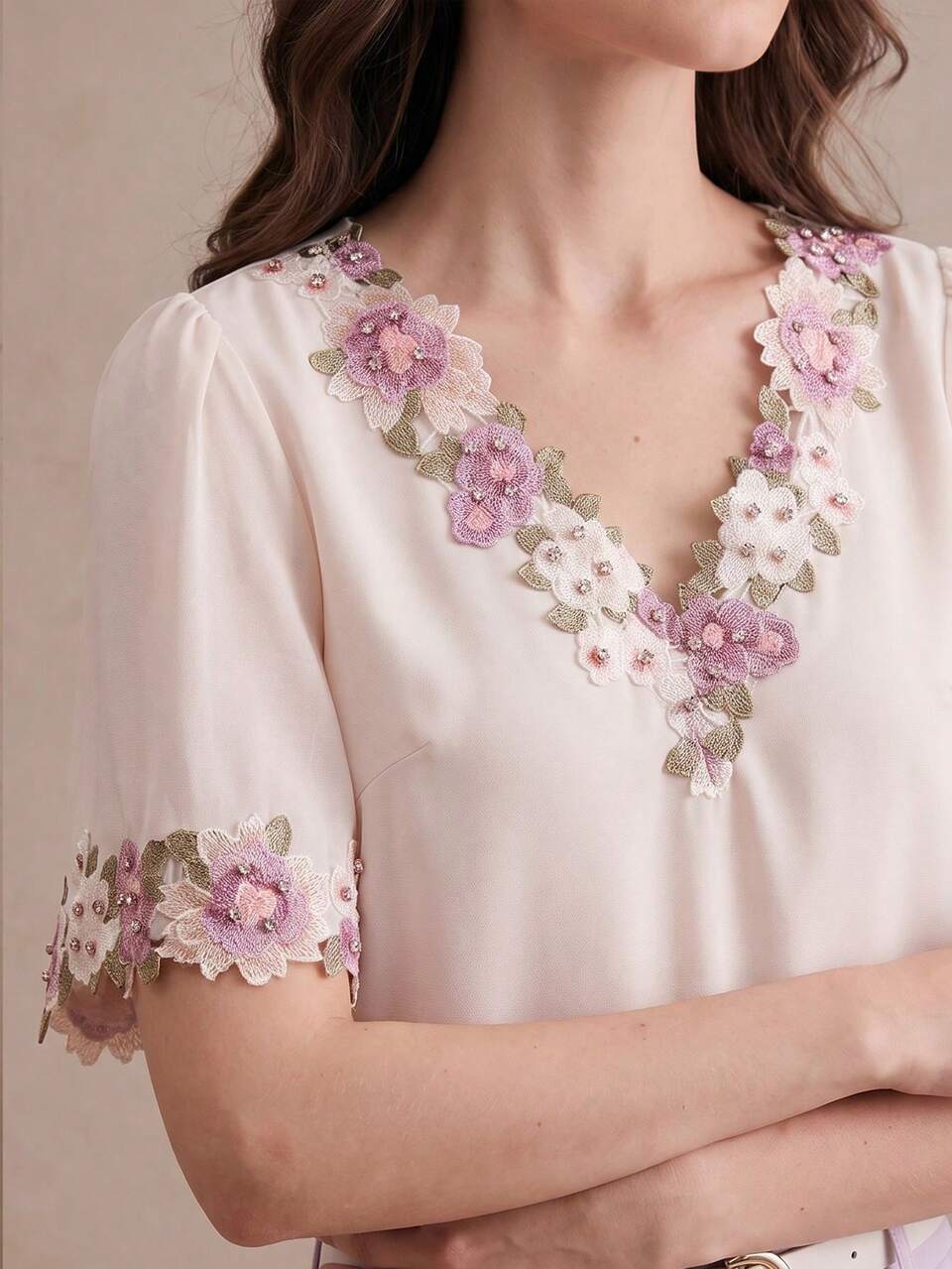 Anewsta Women's 3D Floral Decor V-Neck Short Puff Sleeve Elegant Blouse