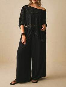 Freevana Plus Size Women's Black Set, Asymmetrical Neckline Sheer Loose Top Wide Leg Pants, Elegant Spring Summer Early Autumn Dinner Formal Night - Black - View 3