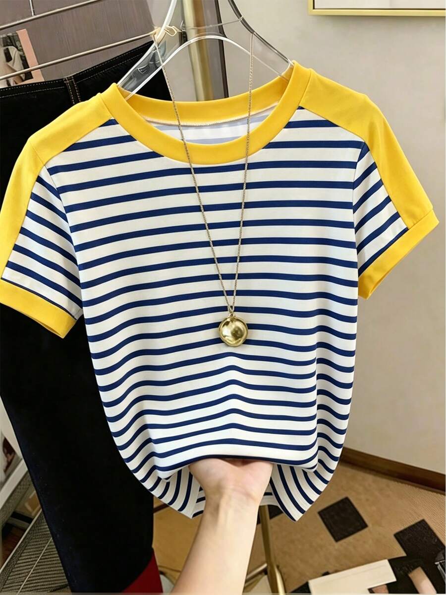 SHEIN Franclia 女款夏季海灘休閒上衣 度假穿搭舒適百搭圓領短袖圖案T恤 - 藍白色 - 查看 1