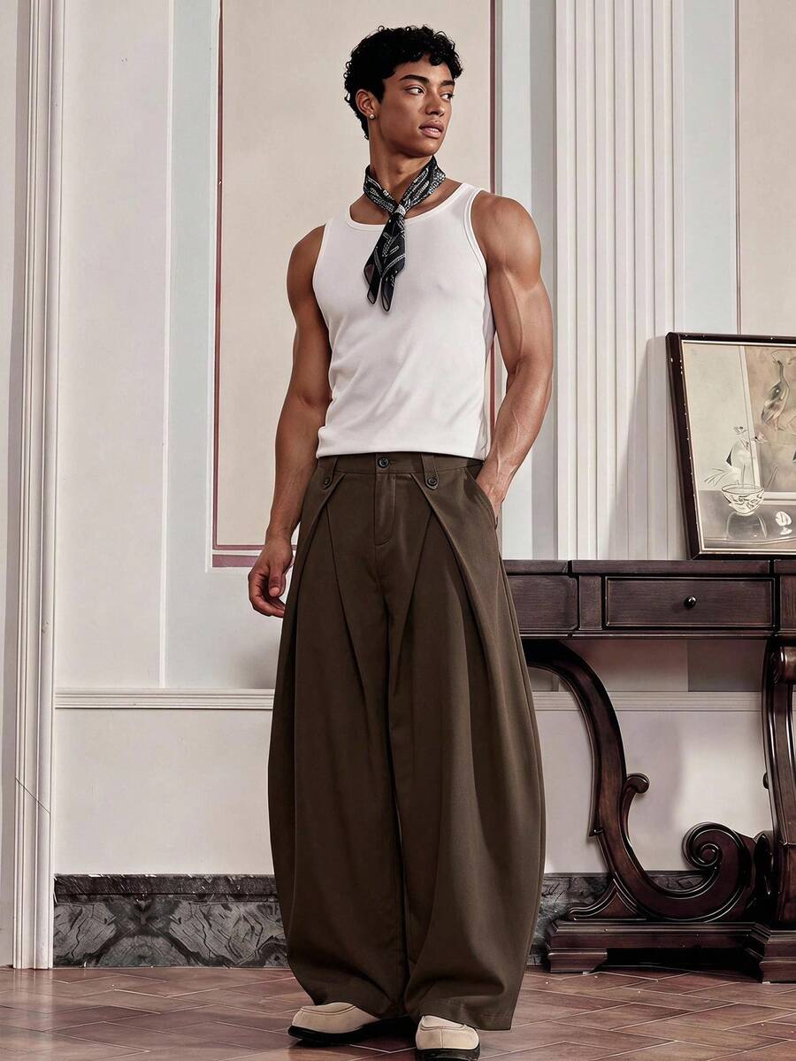 SWAVVY Men's Casual Versatile Solid Color Curved Leg Long Pants - Brown - View 1