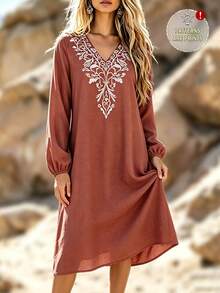Zayélia Women's Casual Long Sleeve Midi Dress - Redwood - View 4