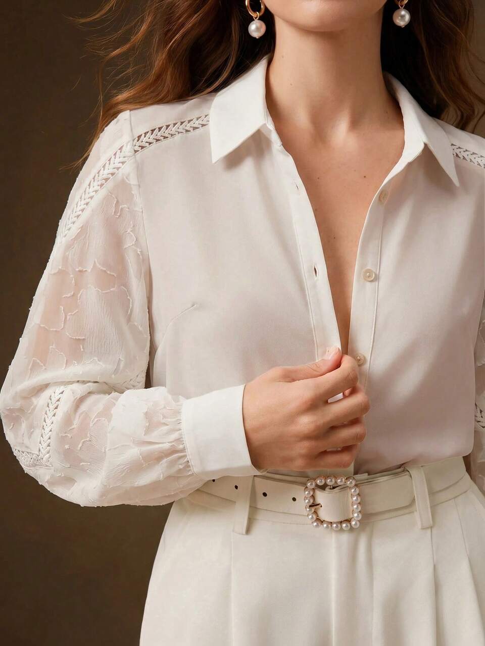 Anewsta Fashionable Elegant Chiffon Patchwork Cut-Out Textured Fabric Lapel Long Sleeve Patchwork Hollow Floral Lace Apricot Women's Blouse